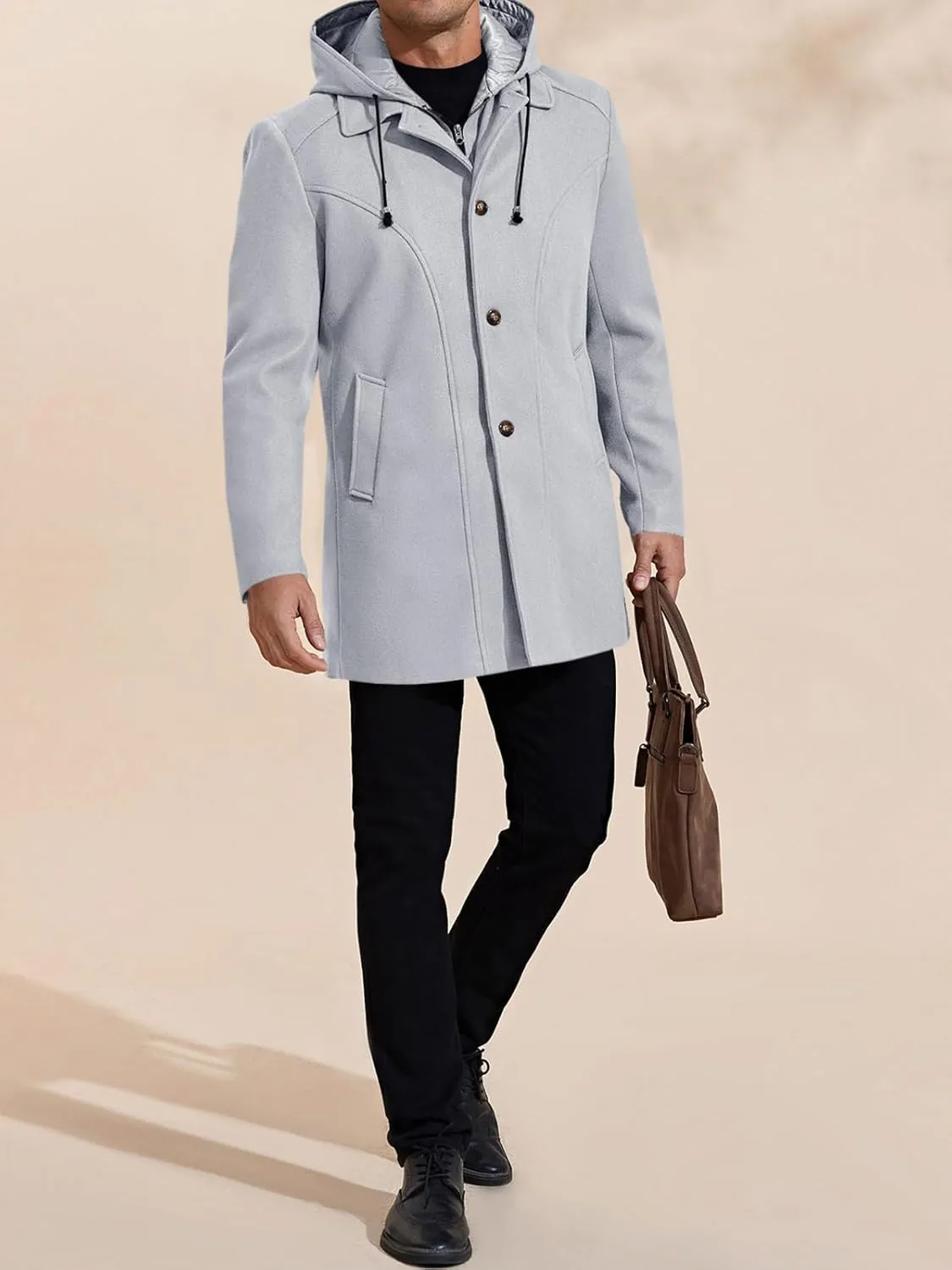 PASLTER Mens Trench Coat Wool Blend Single Breasted Pea Coat Casual Slim Fit Jacket Warm Overcoat with Detachable Hooded