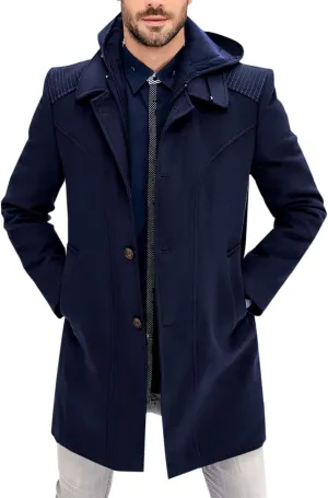 PASLTER Mens Trench Coat Wool Blend Single Breasted Pea Coat Casual Slim Fit Jacket Warm Overcoat with Detachable Hooded