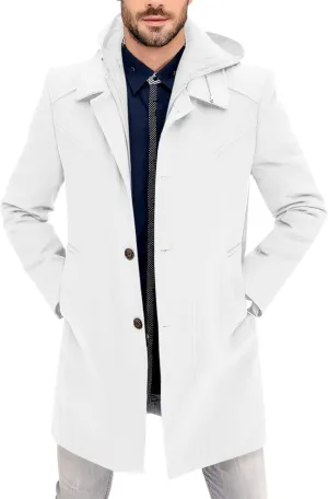 PASLTER Mens Trench Coat Wool Blend Single Breasted Pea Coat Casual Slim Fit Jacket Warm Overcoat with Detachable Hooded