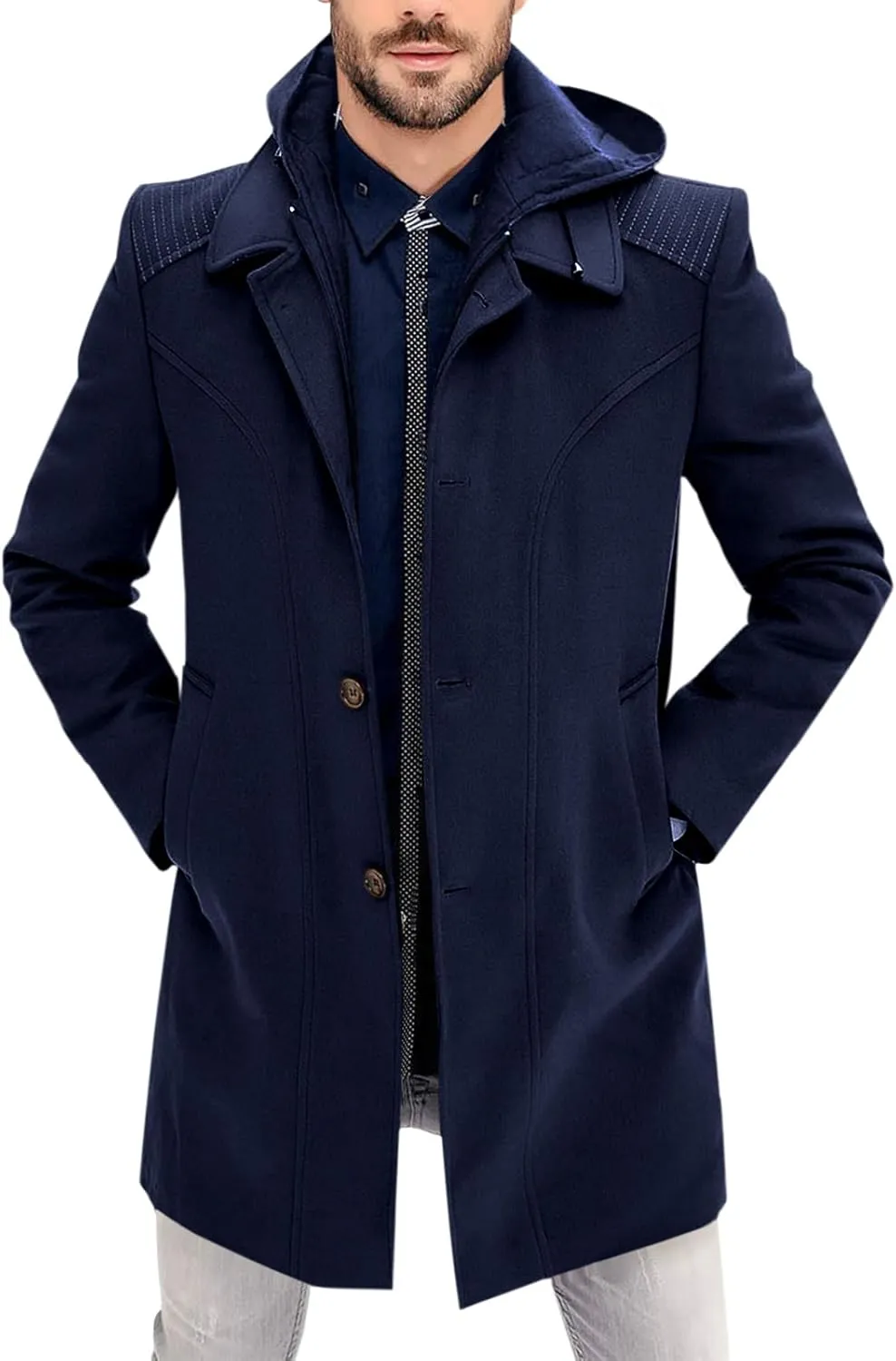 PASLTER Mens Trench Coat Wool Blend Single Breasted Pea Coat Casual Slim Fit Jacket Warm Overcoat with Detachable Hooded