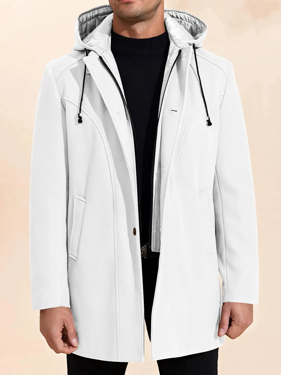 PASLTER Mens Trench Coat Wool Blend Single Breasted Pea Coat Casual Slim Fit Jacket Warm Overcoat with Detachable Hooded
