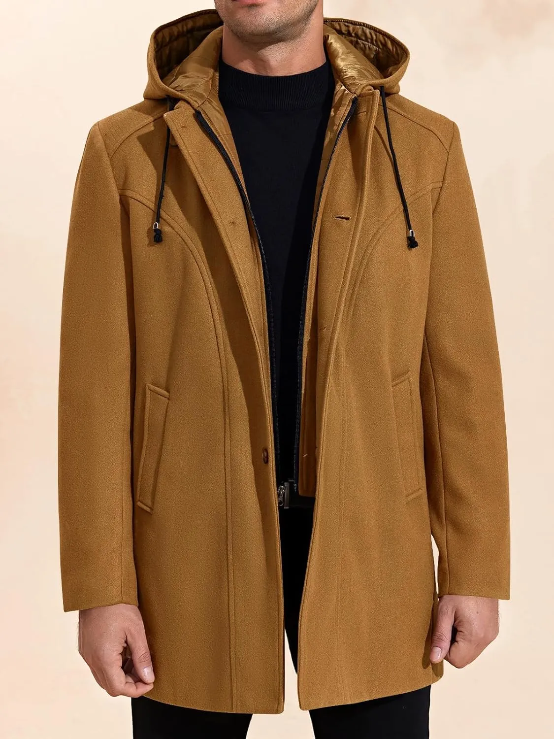 PASLTER Mens Trench Coat Wool Blend Single Breasted Pea Coat Casual Slim Fit Jacket Warm Overcoat with Detachable Hooded