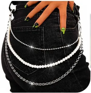 Pearl Pants Chain Silver Layered Jean Chain Hip Hop Wallet Accessories for Women and Men