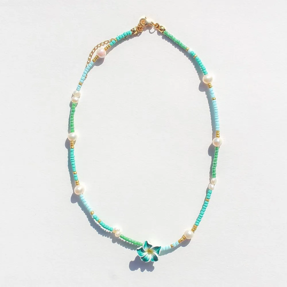 Pingyongchang Hawaiian Plumeria Beads Choker Necklace Bohemian Flower Handmade Beaded Choker Necklace for Women Summer Beach Necklace Holiday Vacation Party Jewelry Gift
