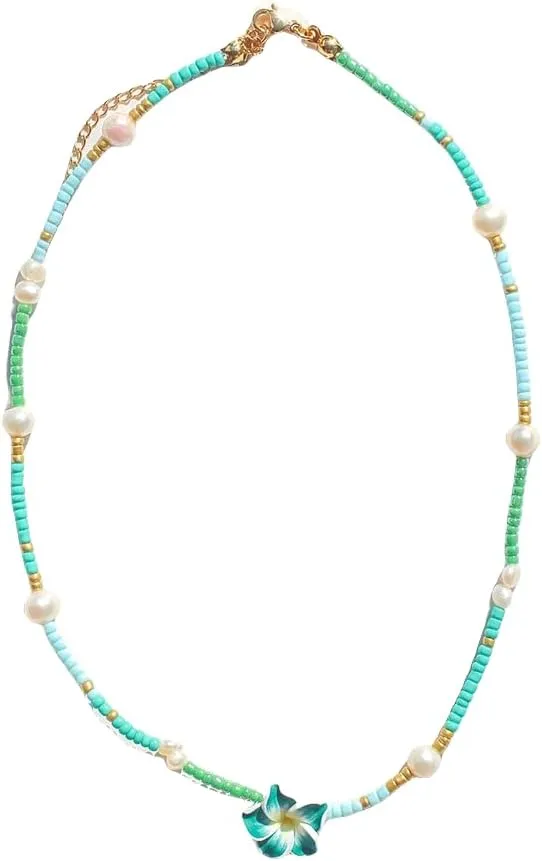 Pingyongchang Hawaiian Plumeria Beads Choker Necklace Bohemian Flower Handmade Beaded Choker Necklace for Women Summer Beach Necklace Holiday Vacation Party Jewelry Gift