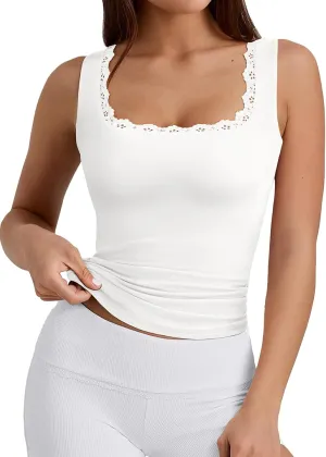 PINKMSTYLE Womens Square Neck Lace Tank Tops Double Lined Sleeveless Cute Going Out Tops