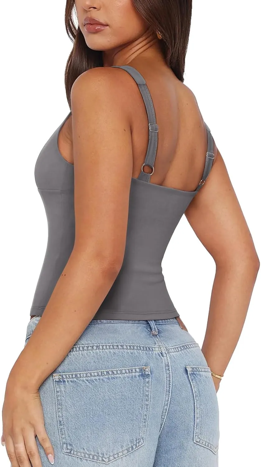 PINKMSTYLE Womens Wrap V Neck Spaghetti Strap Tank Tops Double Lined Tops for Going Out