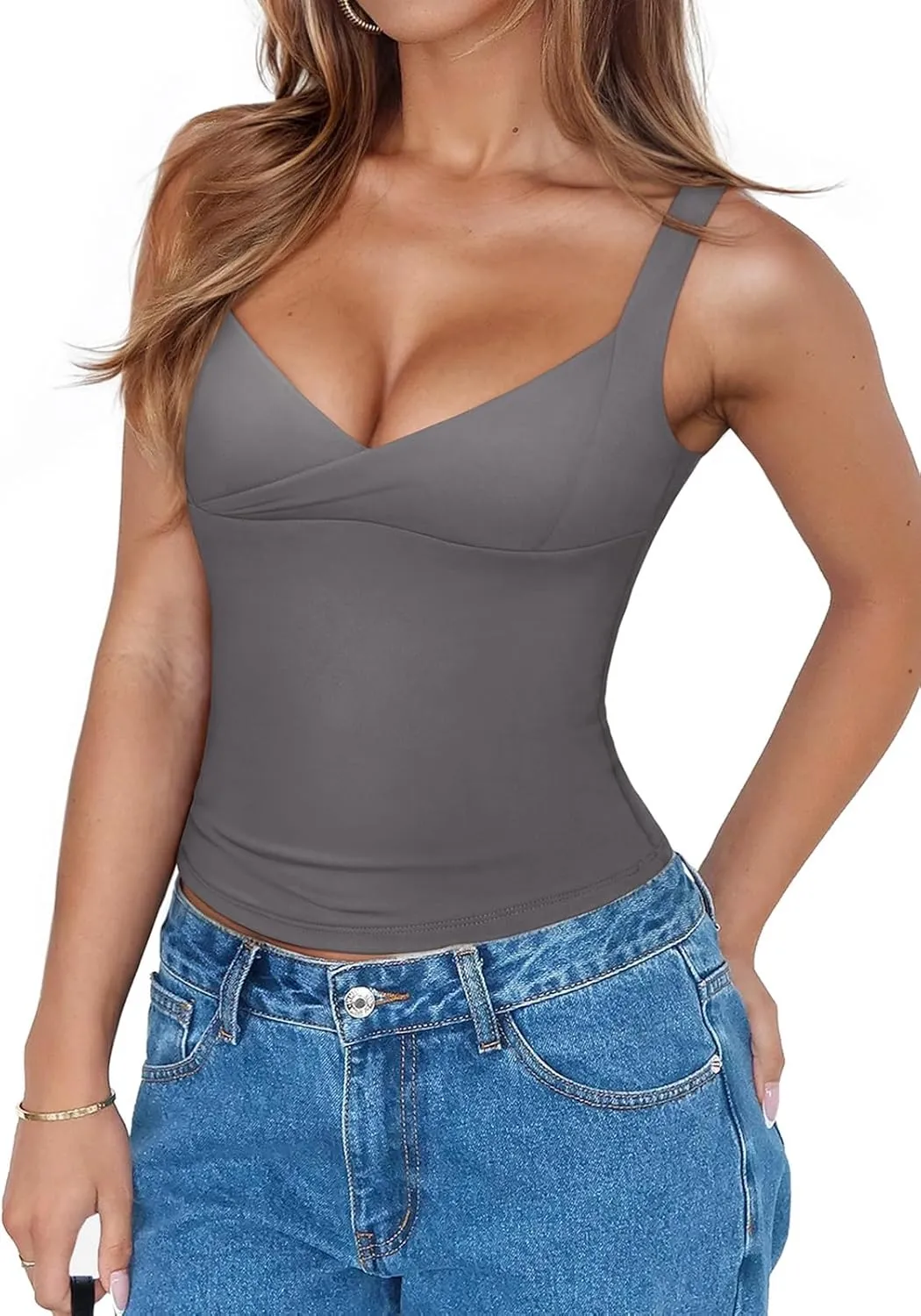 PINKMSTYLE Womens Wrap V Neck Spaghetti Strap Tank Tops Double Lined Tops for Going Out
