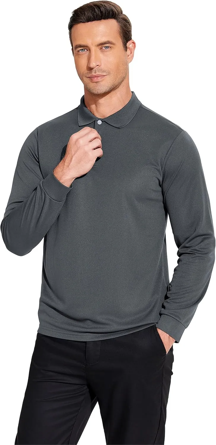 PINSPARK Long Sleeve Polo Shirts for Men Moisture Wicking Golf Shirts Quick Dry Work Hiking Casual Collared Shirt