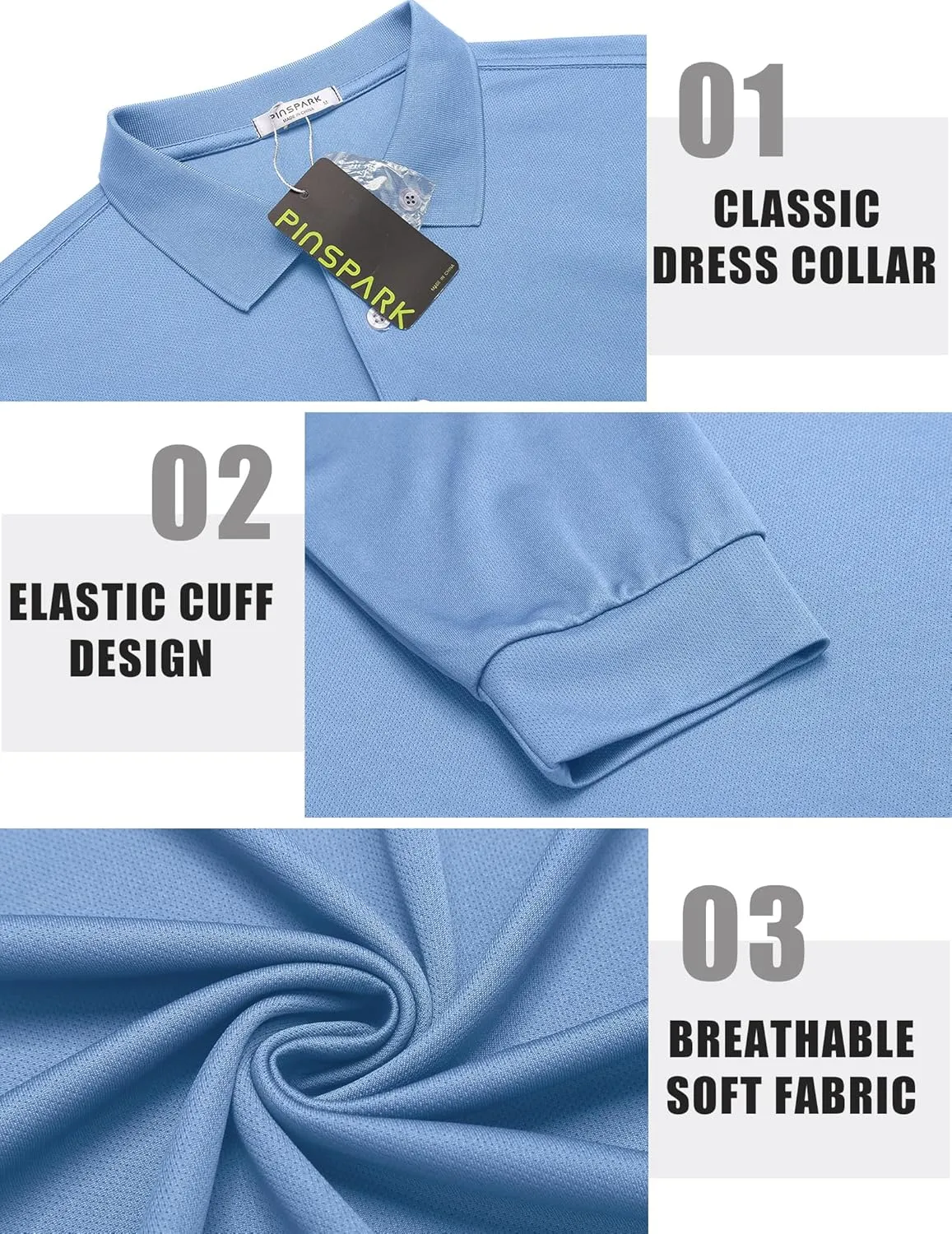 PINSPARK Long Sleeve Polo Shirts for Men Moisture Wicking Golf Shirts Quick Dry Work Hiking Casual Collared Shirt