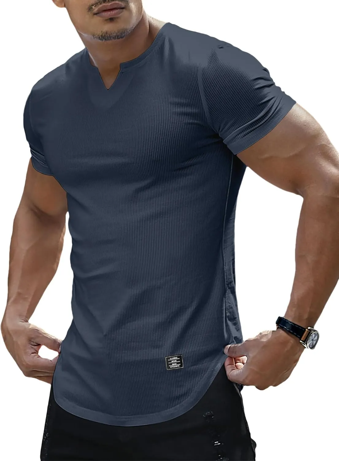 PLEPAN Mens Muscle T Shirts V Neck Short Sleeve Henley Shirt Hipster Longline Gym Workout Athletic Tee Shirts