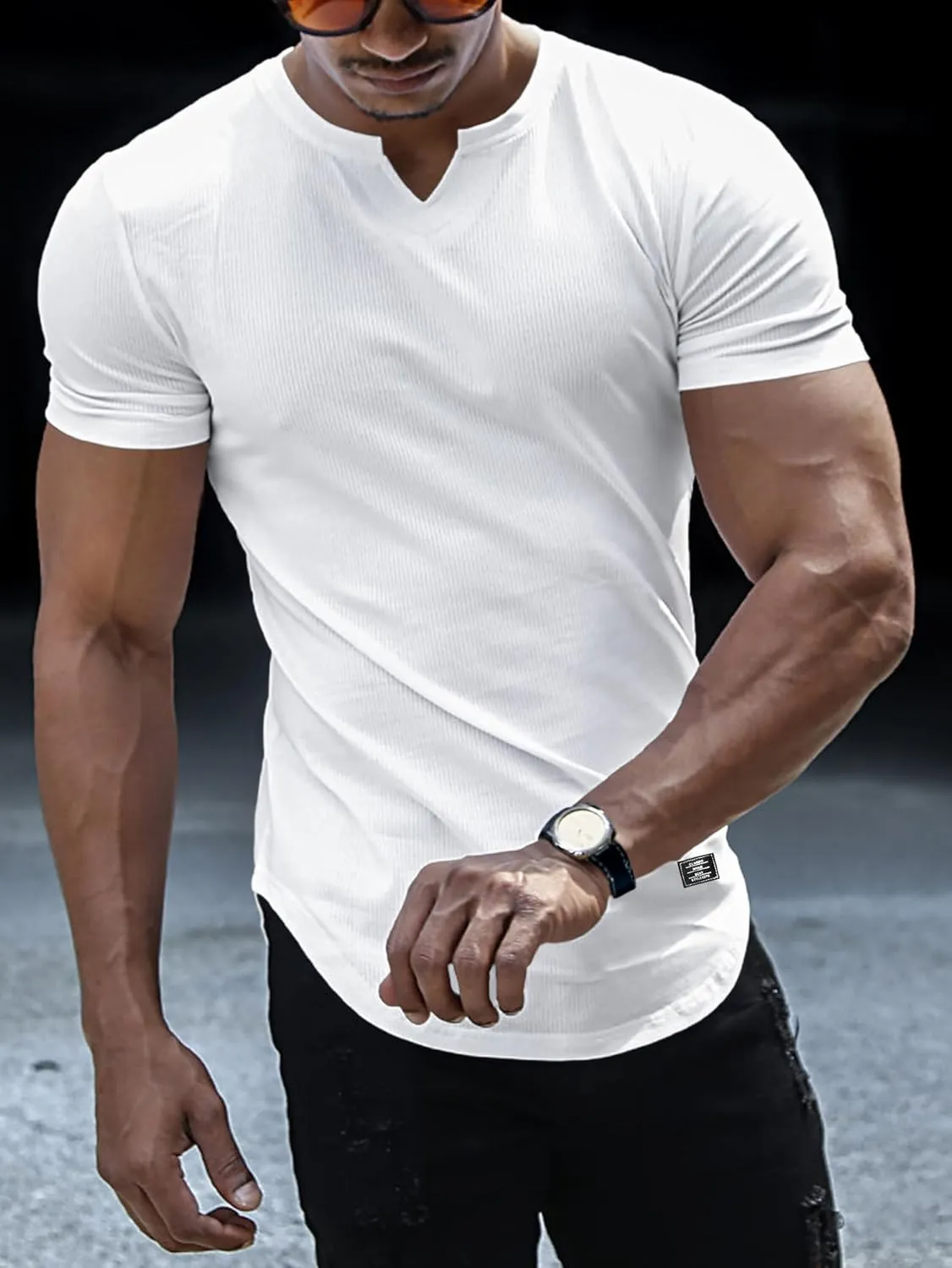 PLEPAN Mens Muscle T Shirts V Neck Short Sleeve Henley Shirt Hipster Longline Gym Workout Athletic Tee Shirts