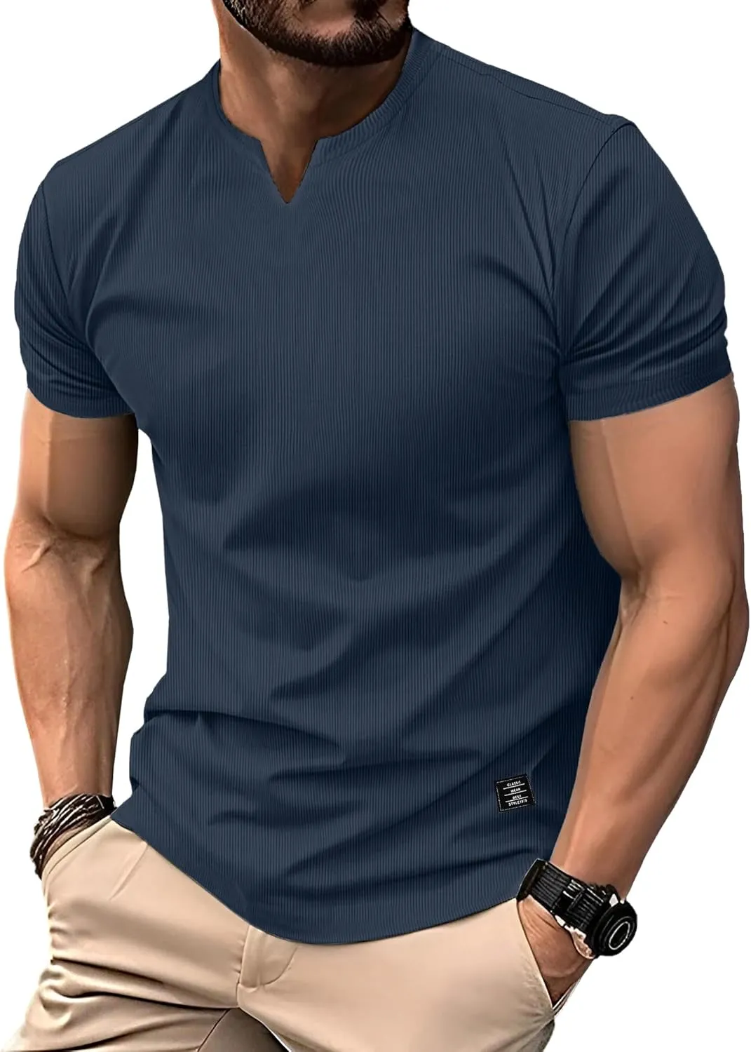 PLEPAN Mens Muscle T Shirts V Neck Short Sleeve Henley Shirt Hipster Longline Gym Workout Athletic Tee Shirts