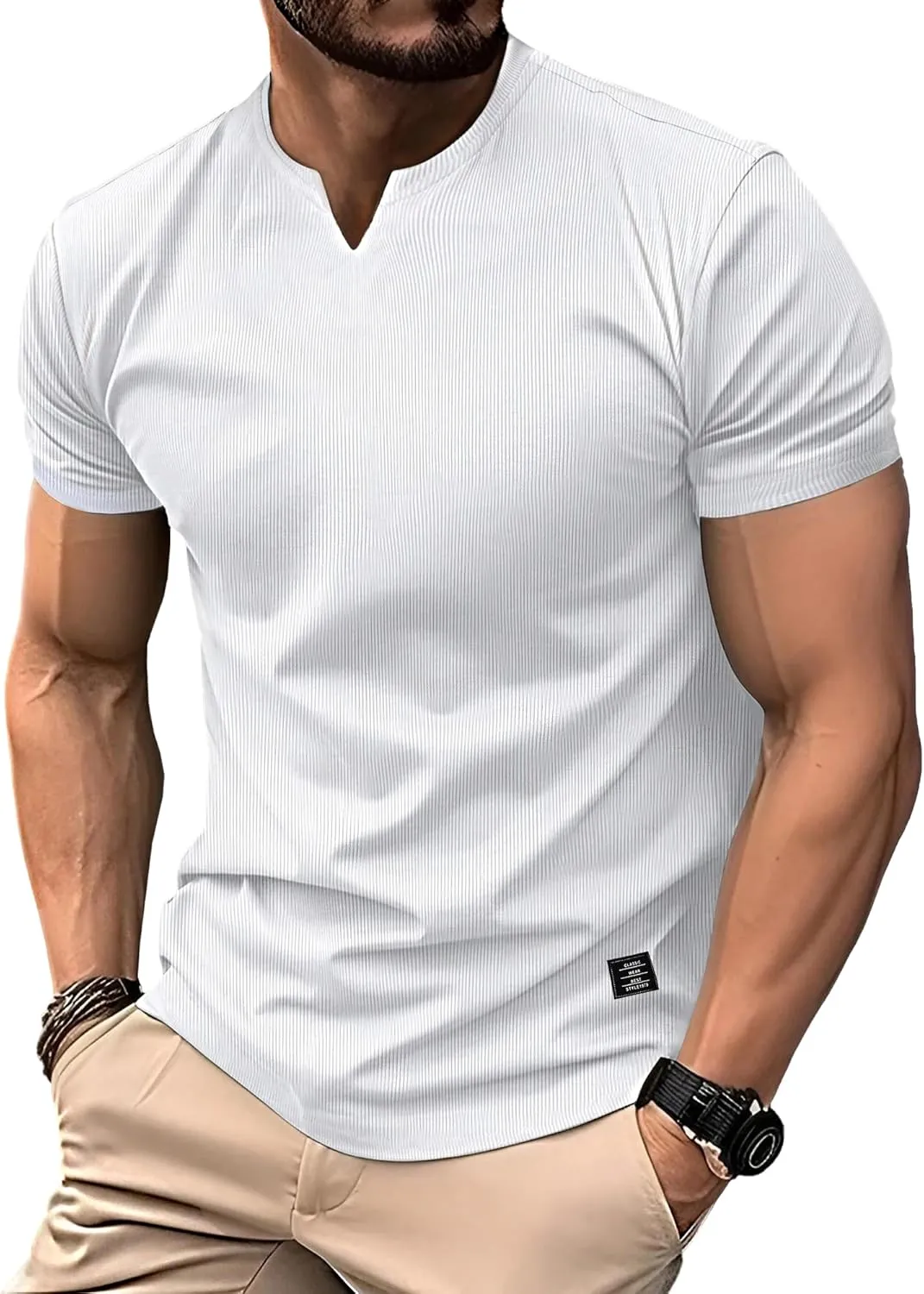 PLEPAN Mens Muscle T Shirts V Neck Short Sleeve Henley Shirt Hipster Longline Gym Workout Athletic Tee Shirts