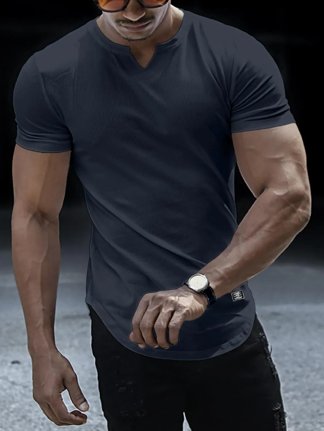 PLEPAN Mens Muscle T Shirts V Neck Short Sleeve Henley Shirt Hipster Longline Gym Workout Athletic Tee Shirts