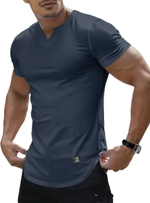PLEPAN Mens Muscle T Shirts V Neck Short Sleeve Henley Shirt Hipster Longline Gym Workout Athletic Tee Shirts