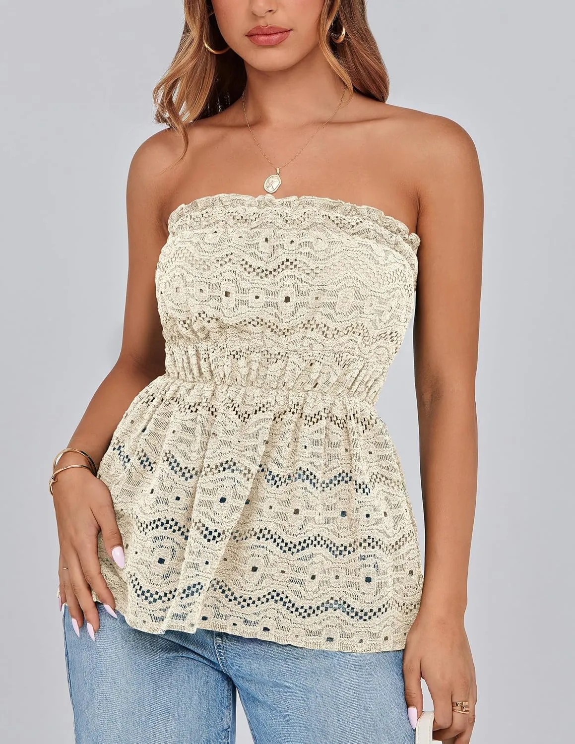 PRETTYGARDEN Tube Tops for Women 2025 Summer Strapless Off Shoulder Eyelet Smocked Peplum Trendy Going Out Boho Top