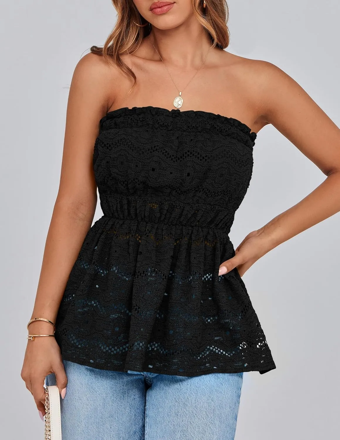 PRETTYGARDEN Tube Tops for Women 2025 Summer Strapless Off Shoulder Eyelet Smocked Peplum Trendy Going Out Boho Top