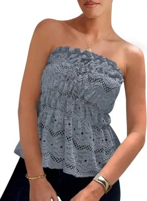 PRETTYGARDEN Tube Tops for Women 2025 Summer Strapless Off Shoulder Eyelet Smocked Peplum Trendy Going Out Boho Top