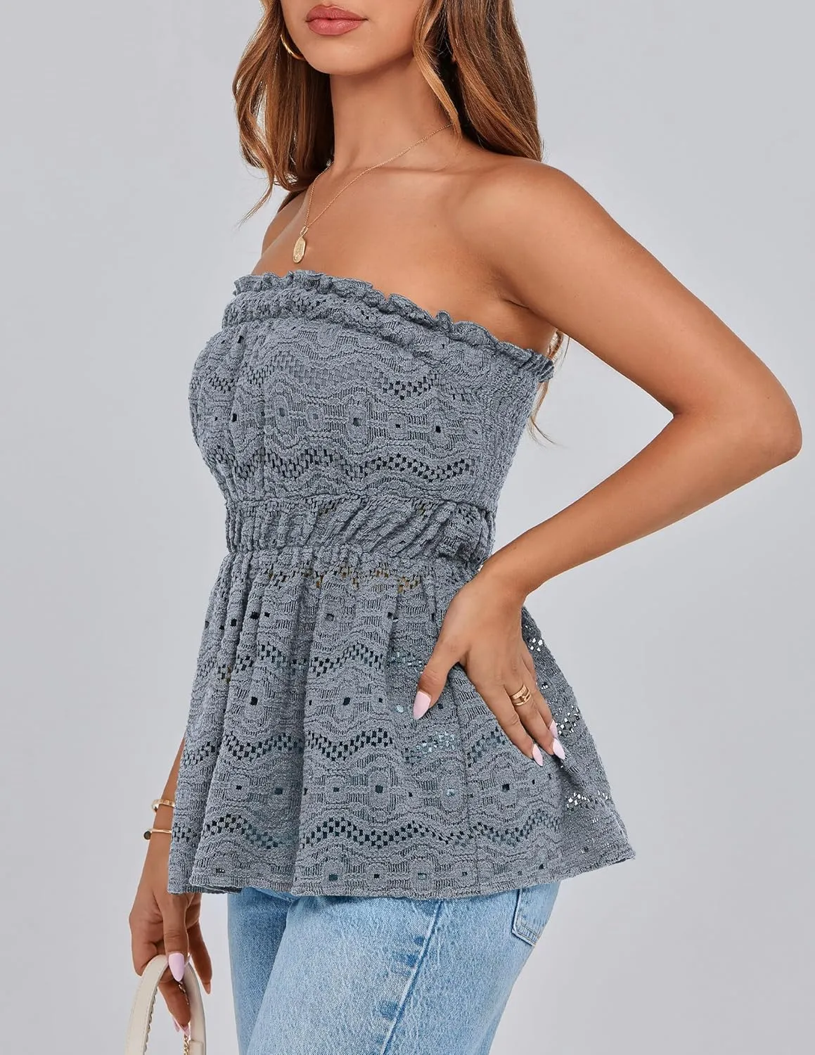 PRETTYGARDEN Tube Tops for Women 2025 Summer Strapless Off Shoulder Eyelet Smocked Peplum Trendy Going Out Boho Top