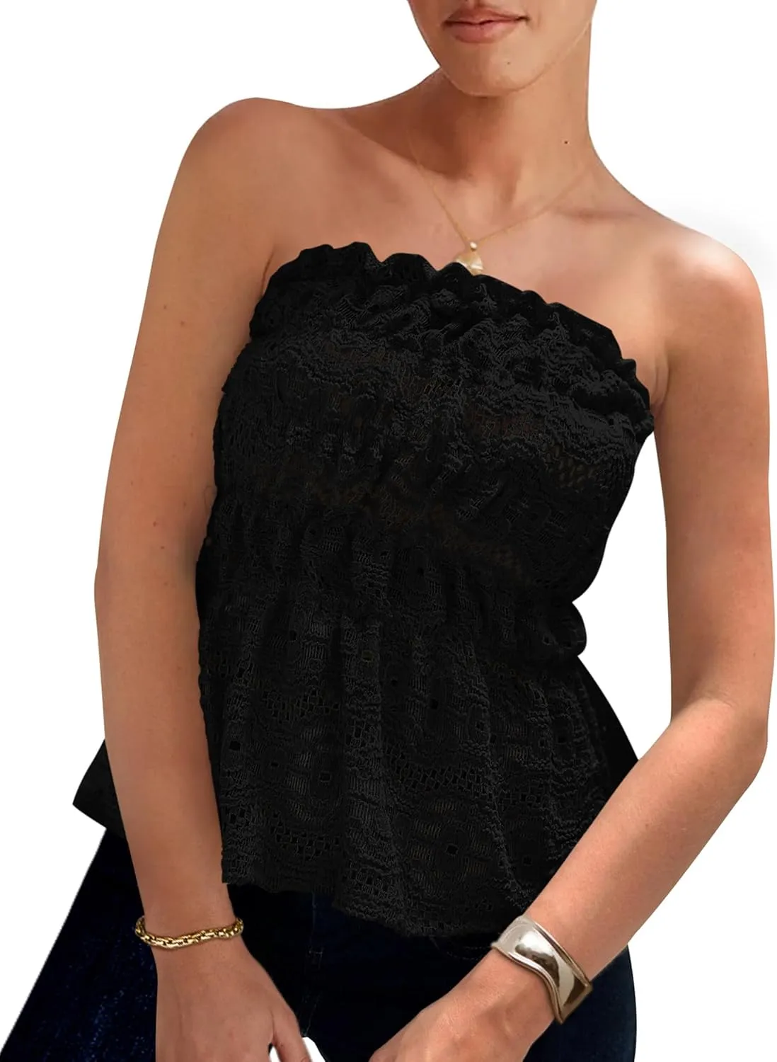 PRETTYGARDEN Tube Tops for Women 2025 Summer Strapless Off Shoulder Eyelet Smocked Peplum Trendy Going Out Boho Top