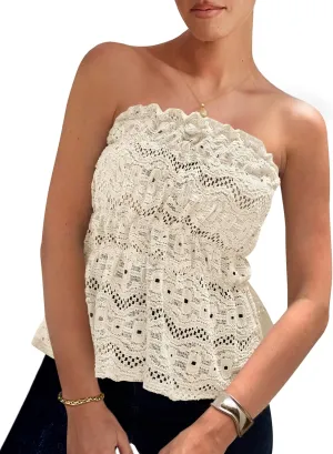 PRETTYGARDEN Tube Tops for Women 2025 Summer Strapless Off Shoulder Eyelet Smocked Peplum Trendy Going Out Boho Top