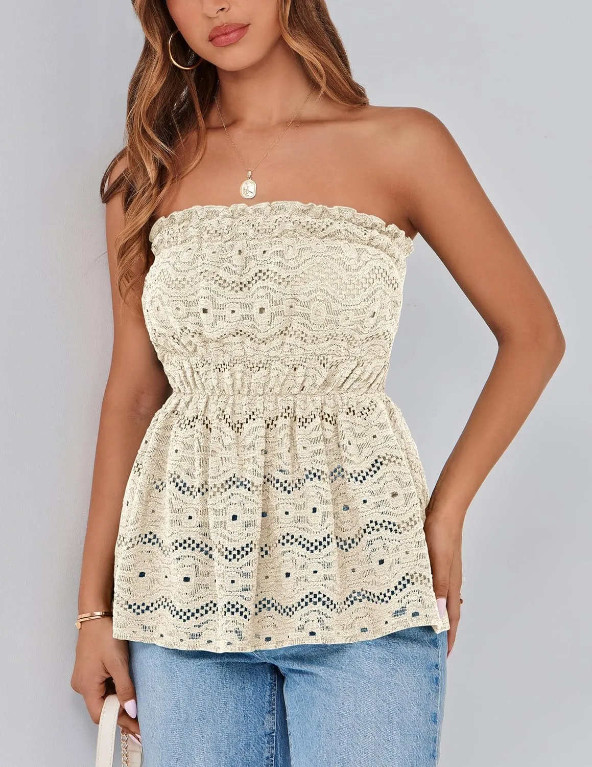 PRETTYGARDEN Tube Tops for Women 2025 Summer Strapless Off Shoulder Eyelet Smocked Peplum Trendy Going Out Boho Top