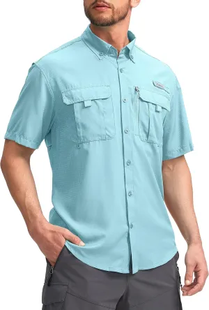 Pudolla Men's Fishing Shirts with Short Sleeves, Summer Travel Work Shirts, Button Down with UPF50  and Zipper Pockets