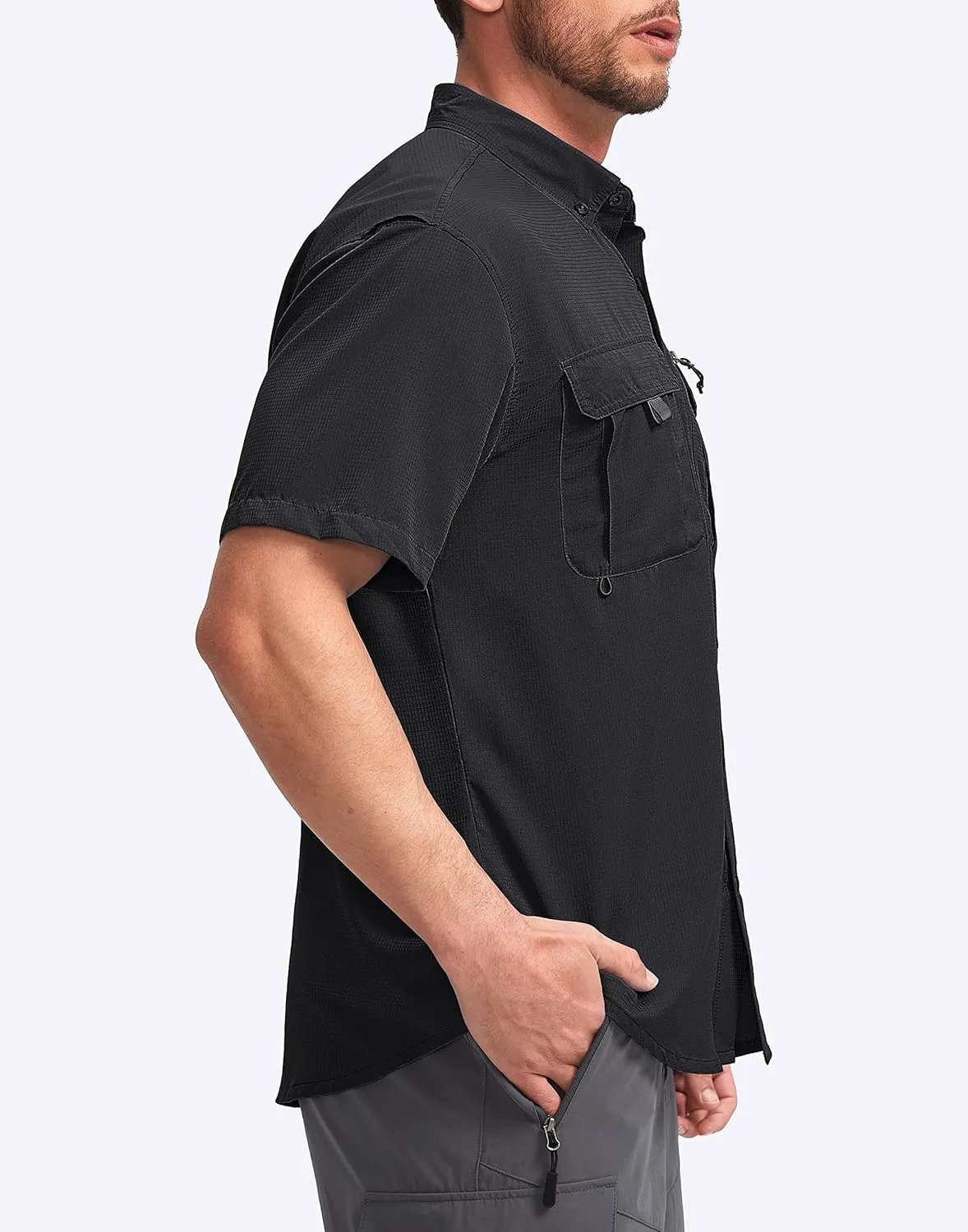 Pudolla Men's Fishing Shirts with Short Sleeves, Summer Travel Work Shirts, Button Down with UPF50  and Zipper Pockets