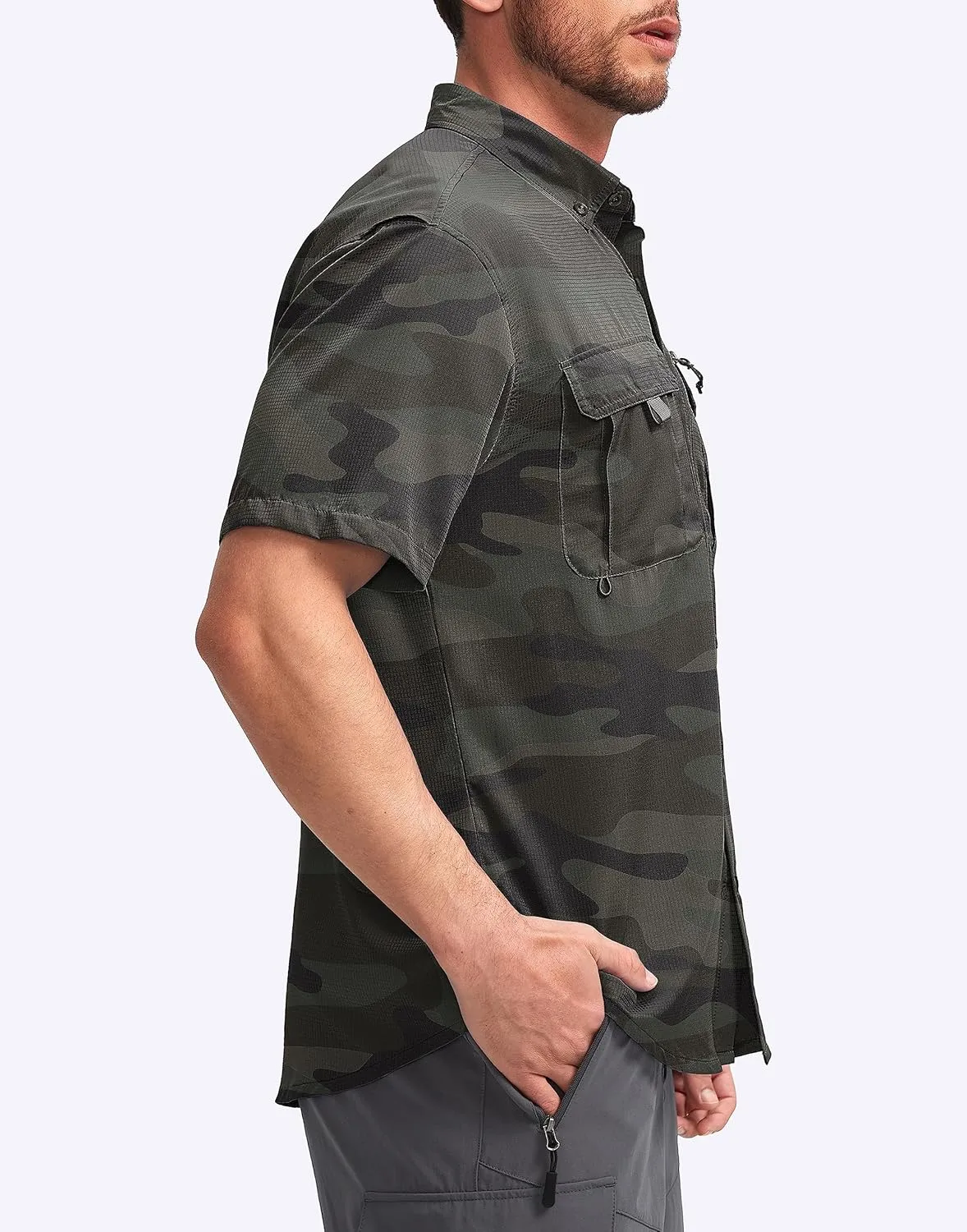 Pudolla Men's Fishing Shirts with Short Sleeves, Summer Travel Work Shirts, Button Down with UPF50  and Zipper Pockets