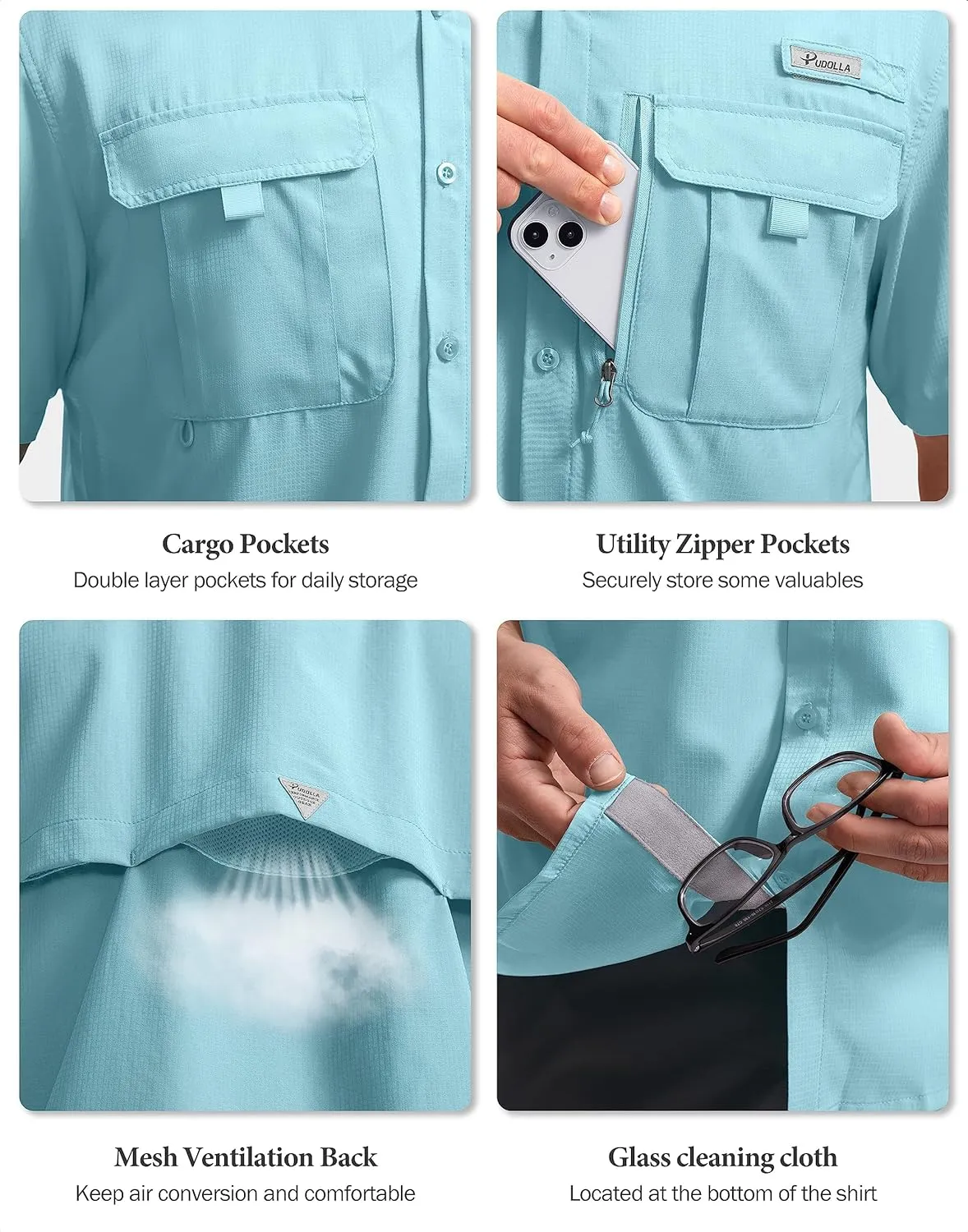 Pudolla Men's Fishing Shirts with Short Sleeves, Summer Travel Work Shirts, Button Down with UPF50  and Zipper Pockets