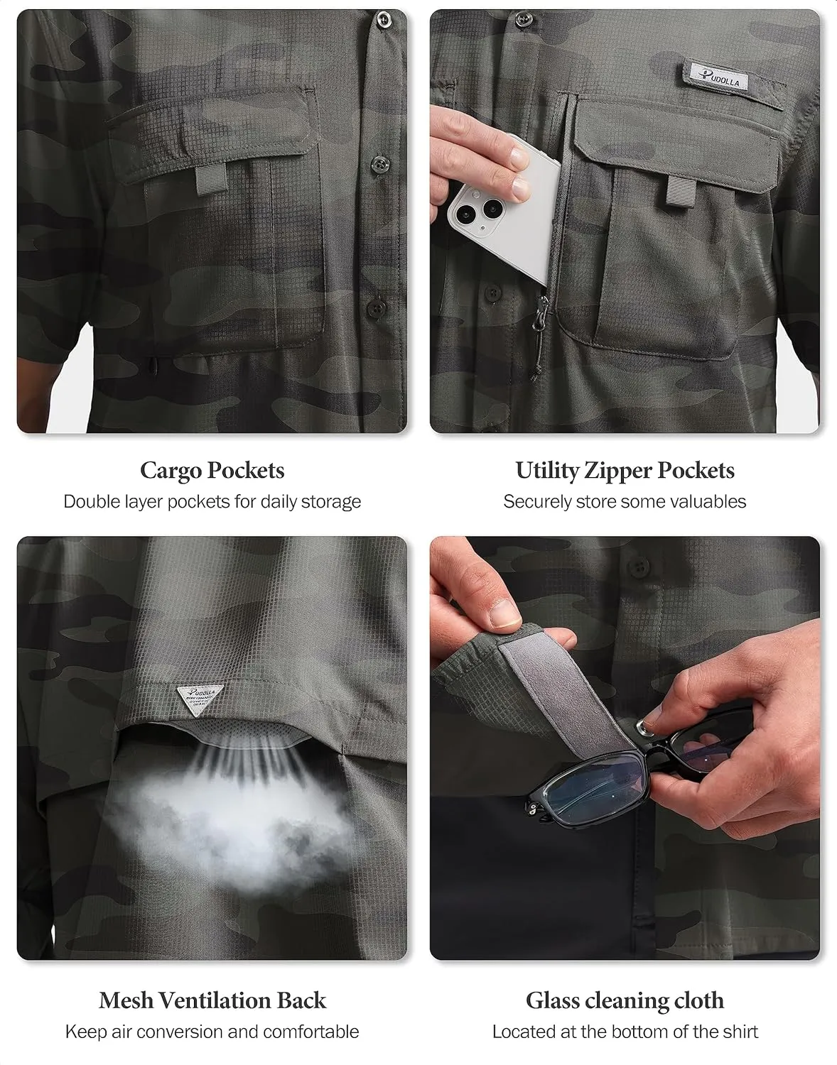 Pudolla Men's Fishing Shirts with Short Sleeves, Summer Travel Work Shirts, Button Down with UPF50  and Zipper Pockets