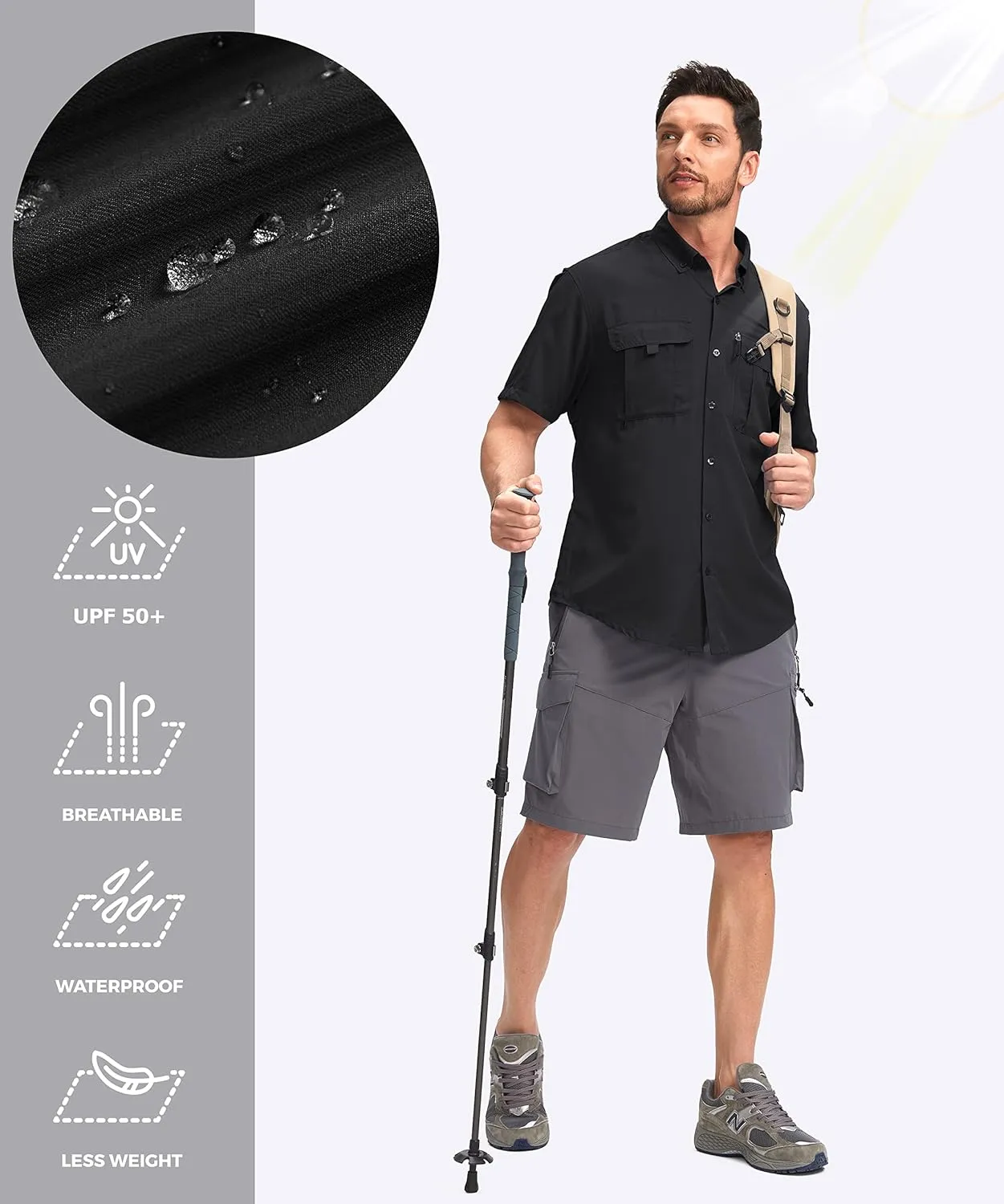 Pudolla Men's Fishing Shirts with Short Sleeves, Summer Travel Work Shirts, Button Down with UPF50  and Zipper Pockets