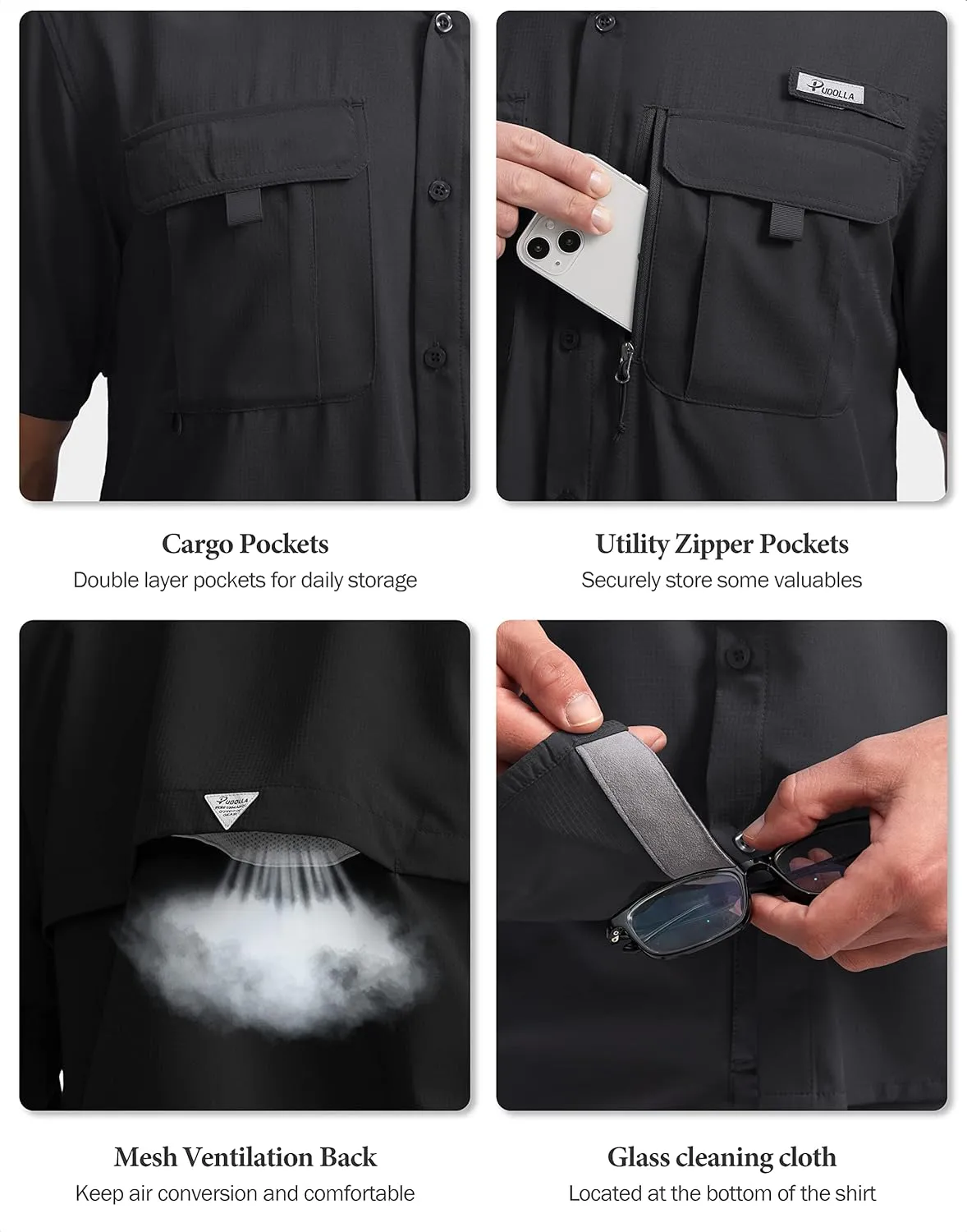 Pudolla Men's Fishing Shirts with Short Sleeves, Summer Travel Work Shirts, Button Down with UPF50  and Zipper Pockets
