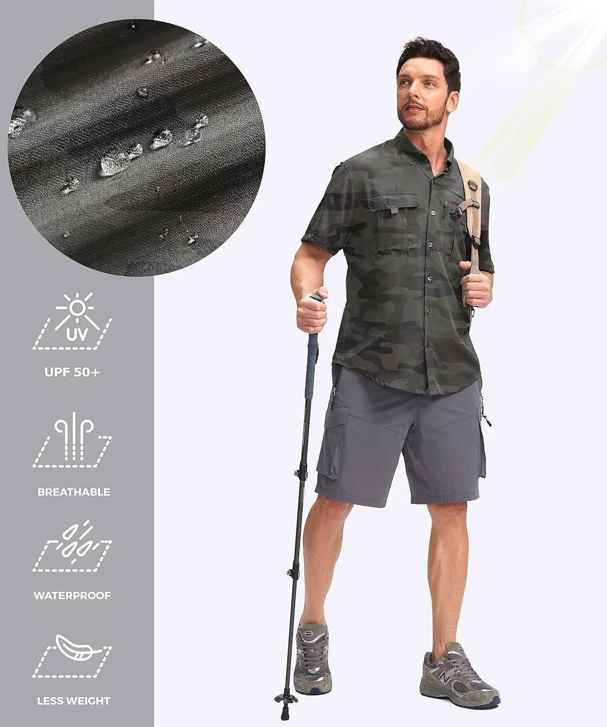Pudolla Men's Fishing Shirts with Short Sleeves, Summer Travel Work Shirts, Button Down with UPF50  and Zipper Pockets