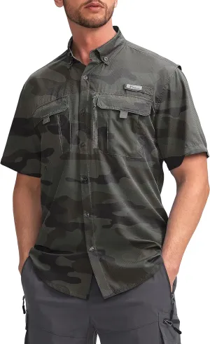 Pudolla Men's Fishing Shirts with Short Sleeves, Summer Travel Work Shirts, Button Down with UPF50  and Zipper Pockets