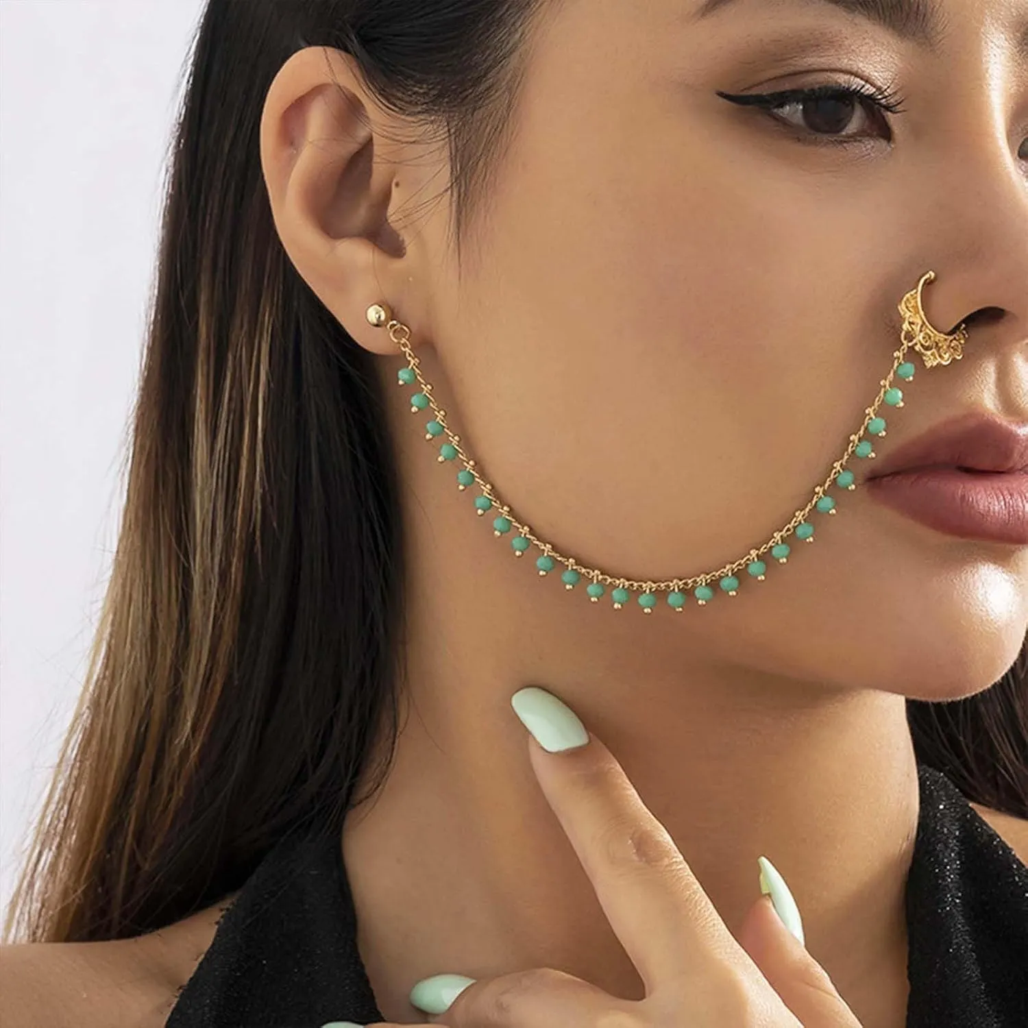 Punk Pearl Tassel Beaded Nose Ring with Chain to Ear Cuff Non Piercing Nose Hoop Dangle Chain for Women