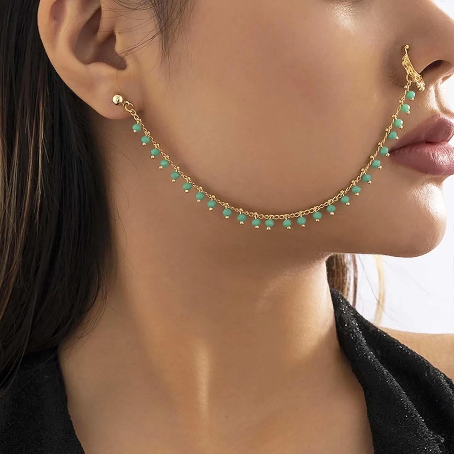 Punk Pearl Tassel Beaded Nose Ring with Chain to Ear Cuff Non Piercing Nose Hoop Dangle Chain for Women