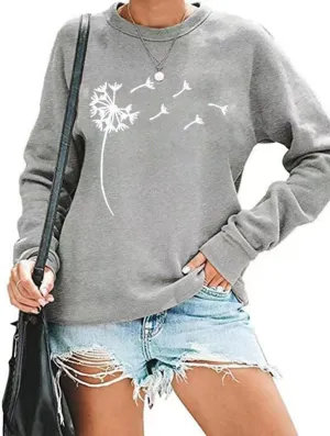 Qbily Women's Floral Printed Sweatshirt Casual Fall Wildflowers Graphic Tees Pullover Tops