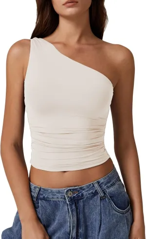 QINSEN Women's One Shoulder Tank Tops Double Lined Sleeveless Slim Fit Cropped Tee Shirt Y2k Tops