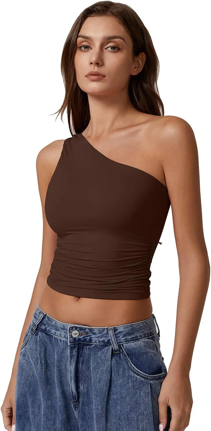 QINSEN Women's One Shoulder Tank Tops Double Lined Sleeveless Slim Fit Cropped Tee Shirt Y2k Tops