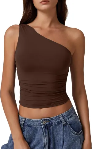 QINSEN Women's One Shoulder Tank Tops Double Lined Sleeveless Slim Fit Cropped Tee Shirt Y2k Tops