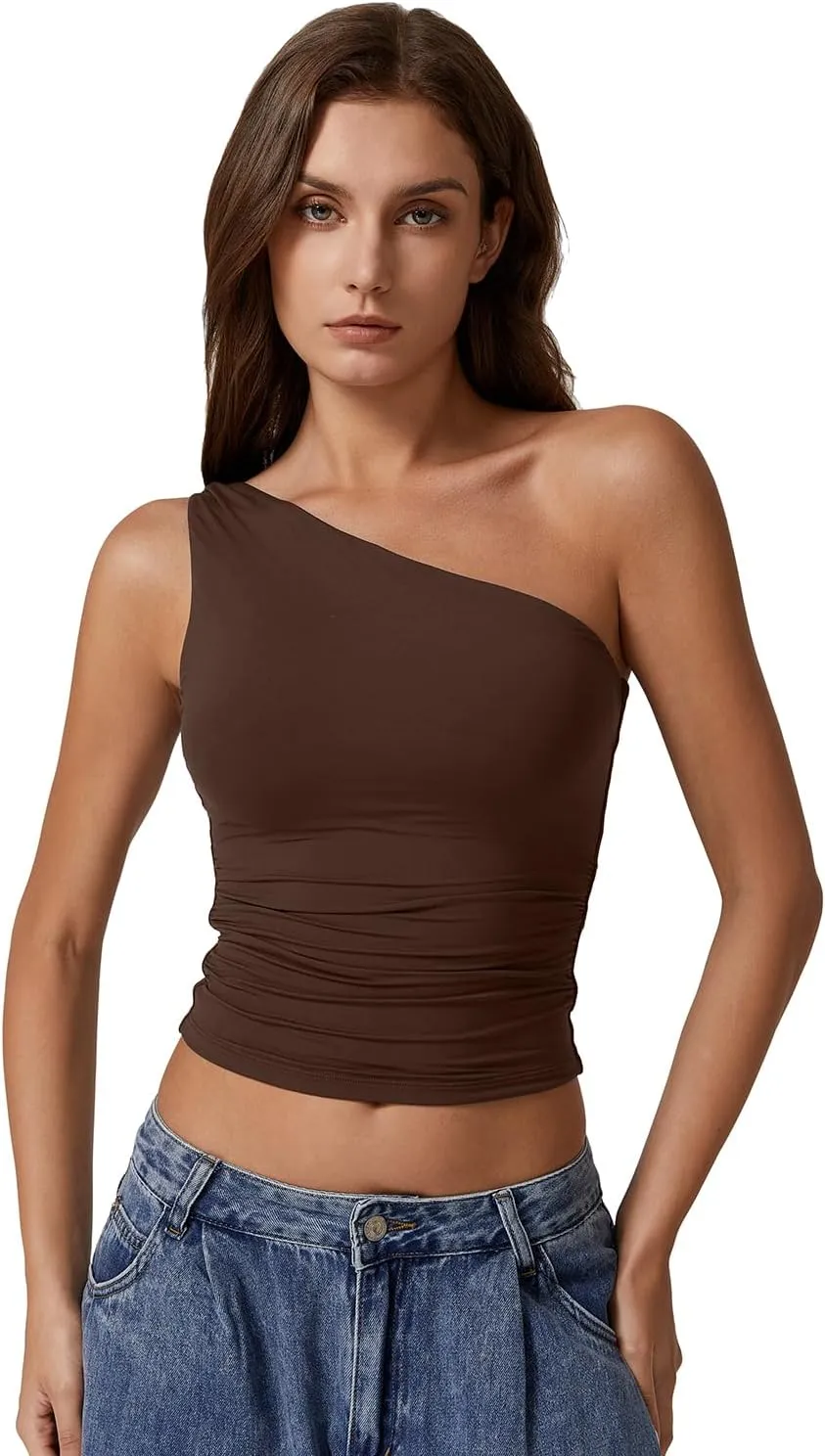 QINSEN Women's One Shoulder Tank Tops Double Lined Sleeveless Slim Fit Cropped Tee Shirt Y2k Tops
