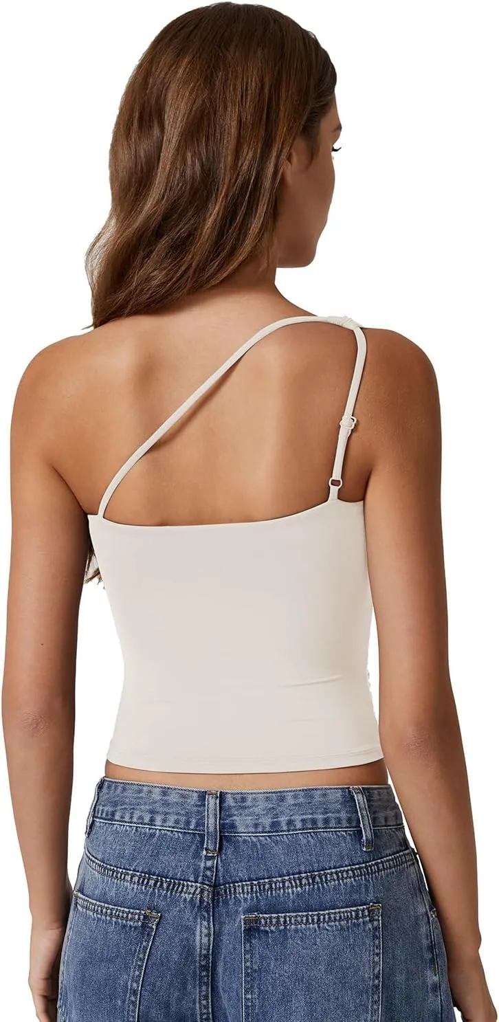 QINSEN Women's One Shoulder Tank Tops Double Lined Sleeveless Slim Fit Cropped Tee Shirt Y2k Tops