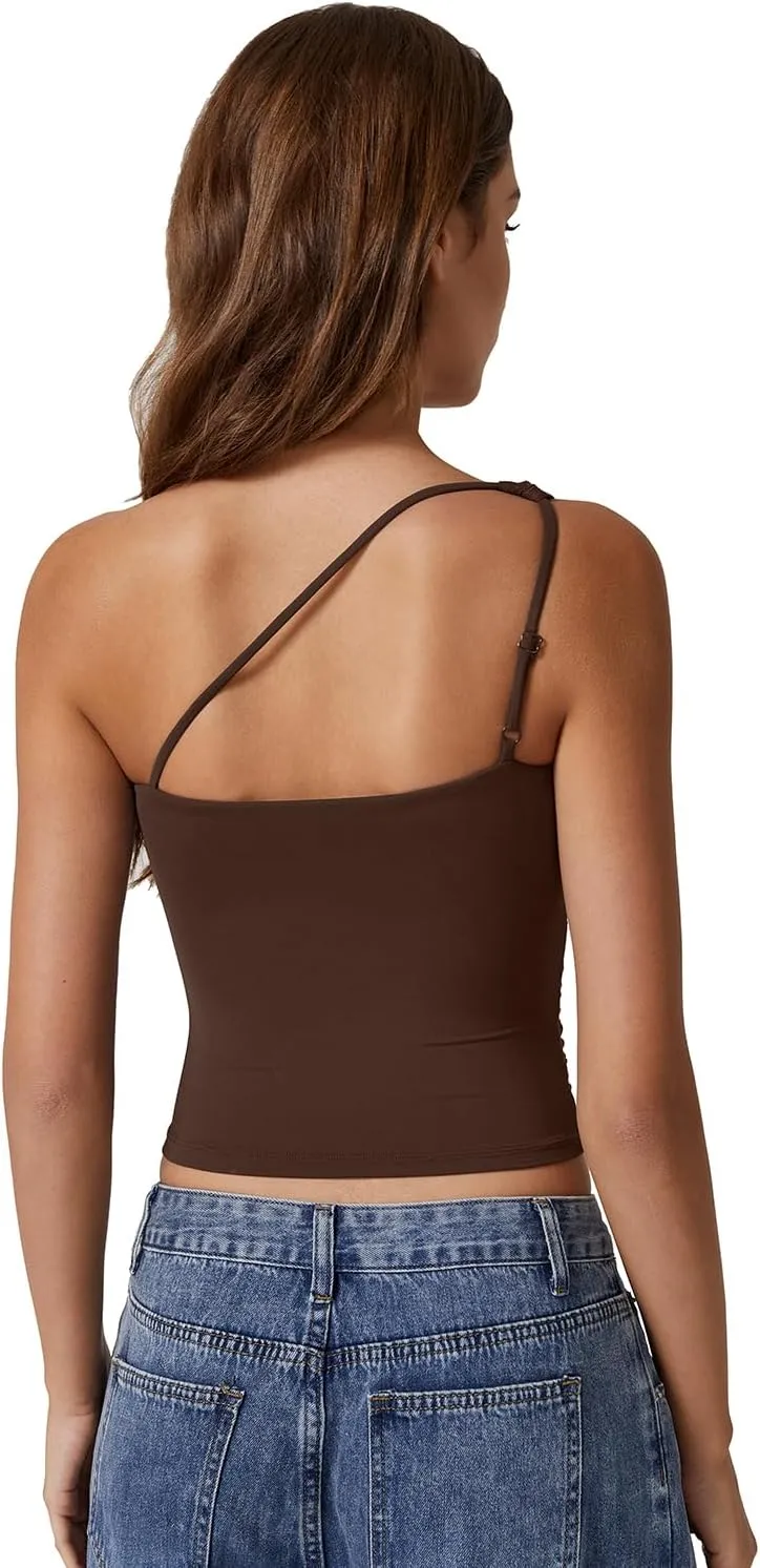 QINSEN Women's One Shoulder Tank Tops Double Lined Sleeveless Slim Fit Cropped Tee Shirt Y2k Tops