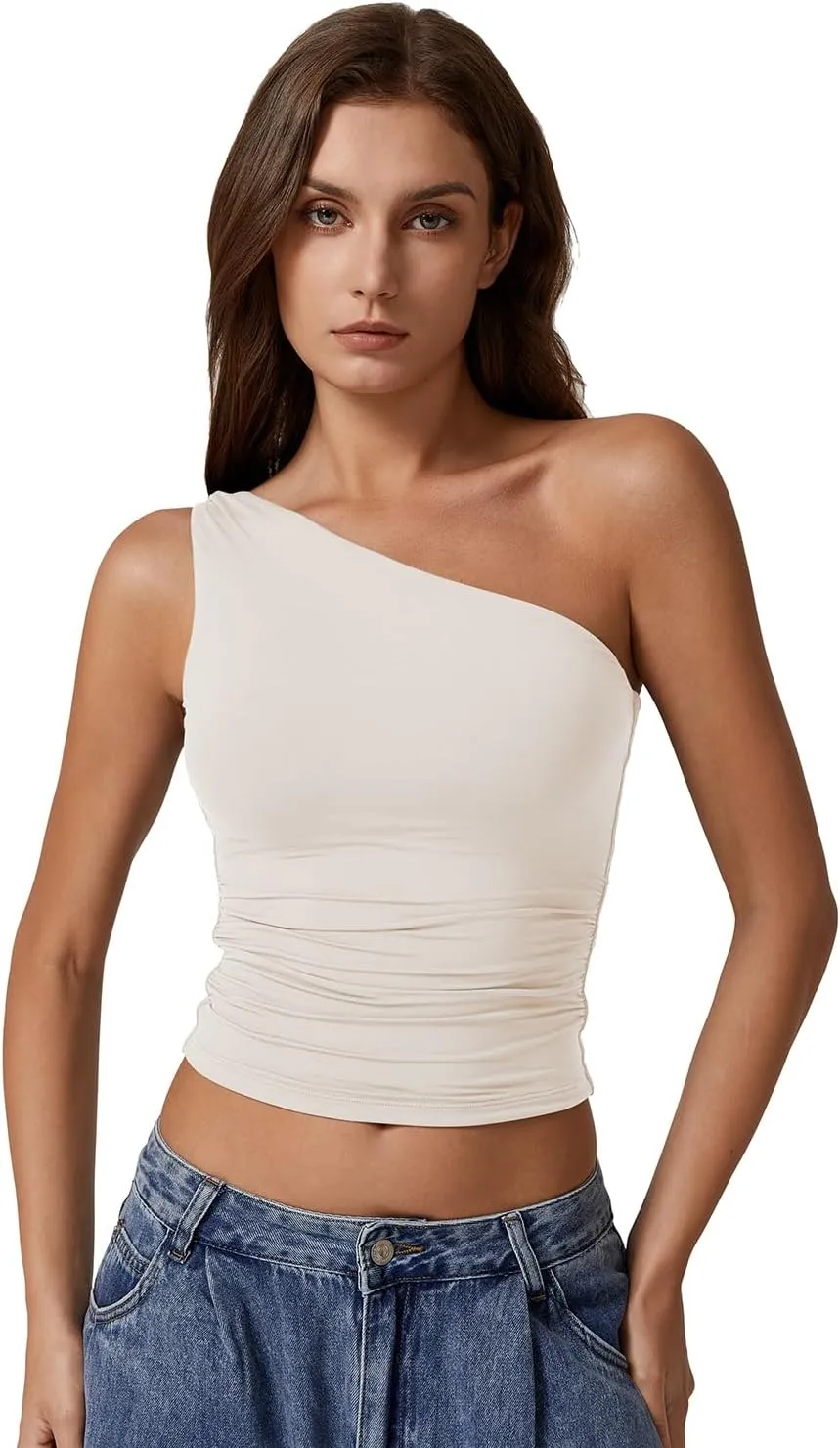 QINSEN Women's One Shoulder Tank Tops Double Lined Sleeveless Slim Fit Cropped Tee Shirt Y2k Tops
