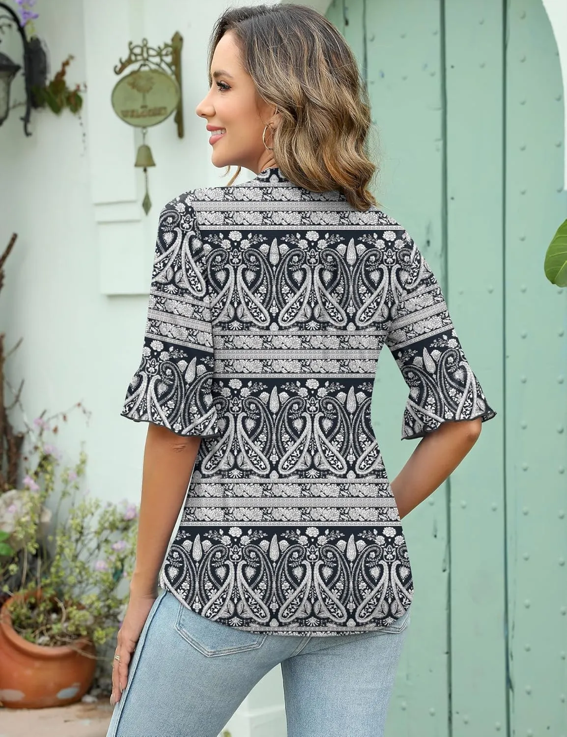 Rapbin Womens 3/4 Length Sleeve Tops Loose Fit Casual Crew Neck Shirts Ruffle Tunic Blouses