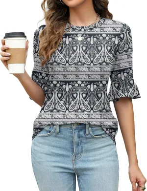 Rapbin Womens 3/4 Length Sleeve Tops Loose Fit Casual Crew Neck Shirts Ruffle Tunic Blouses