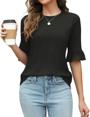 Rapbin Womens 3/4 Length Sleeve Tops Loose Fit Casual Crew Neck Shirts Ruffle Tunic Blouses