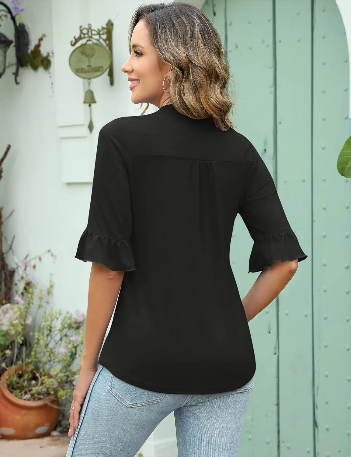 Rapbin Womens 3/4 Length Sleeve Tops Loose Fit Casual Crew Neck Shirts Ruffle Tunic Blouses